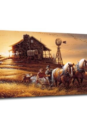 CLEARCONNECT American West Farm Canvas Prints Wild West Painting Cowboy People Working On Farms Poster Wall Art For Home Office Living Room Decorations With Framed 36"x20"