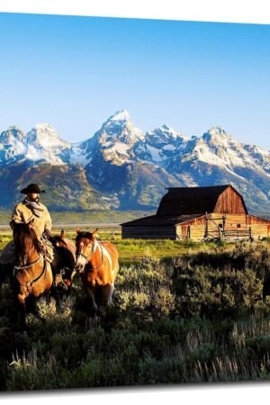 CLEARCONNECT Beautiful Natural Landscape Canvas Prints Mountain Chalets Traveling Cowboys And Horses Poster Wall Art For Home Office Corridor Decorations With Framed 32"x24"