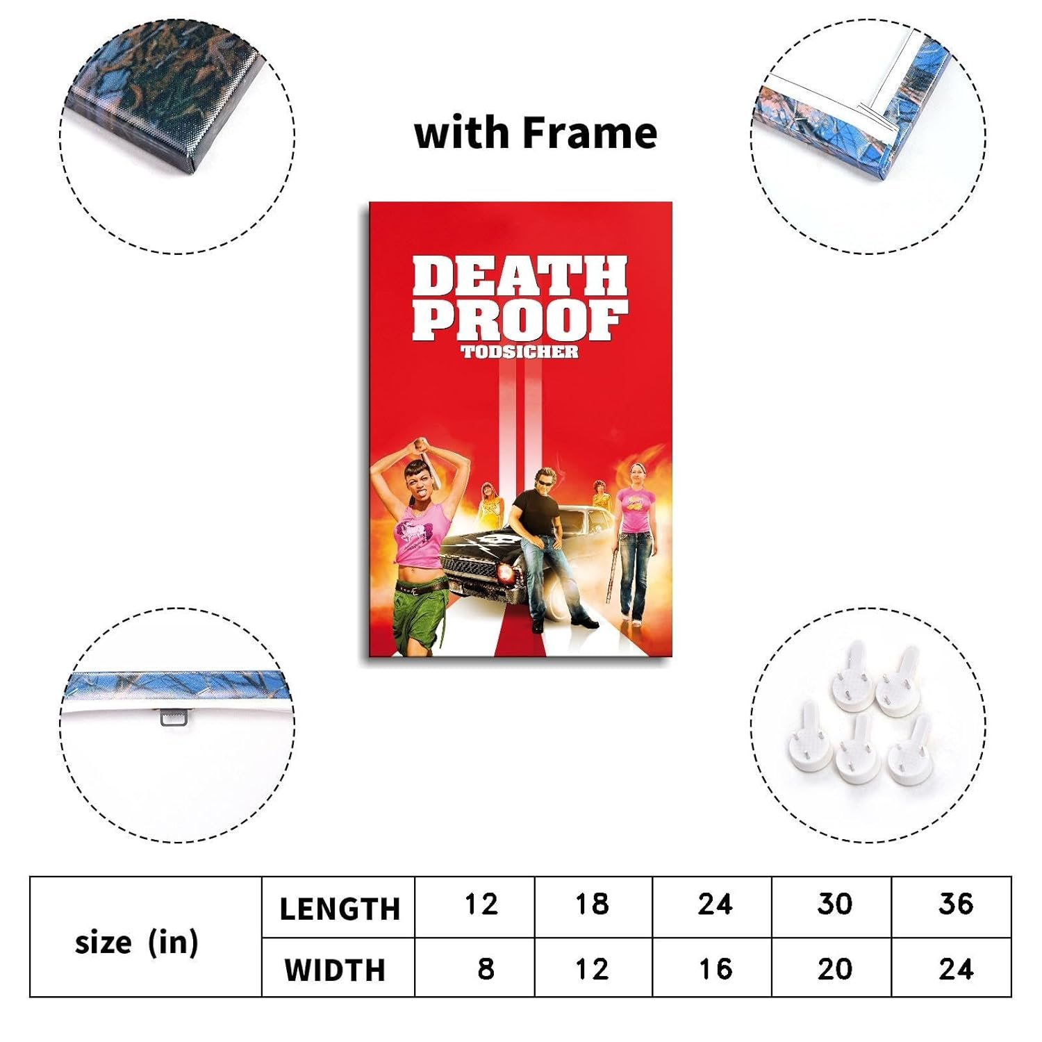 Death Proof Movie Poster Wall Art Action Movies Canvas Prints Classic Movies Poster For Home Office Cinema Decorations With Framed 18"x12"