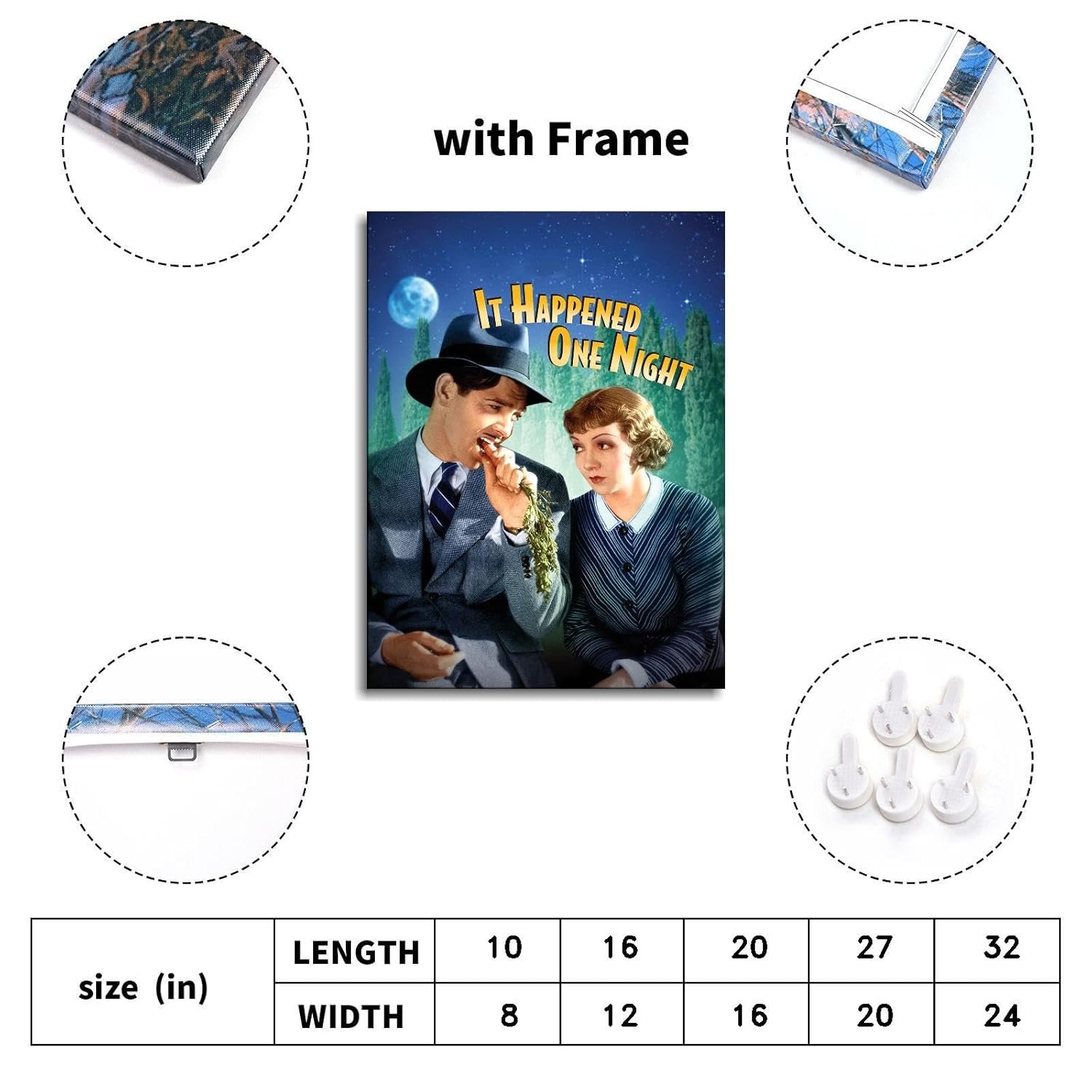 It Happened One Night (1934) Movie Poster Wall Art Romantic Comedy Canvas Prints Love Movies Poster For Home Office Cinema Decorations With Framed 20"x16"