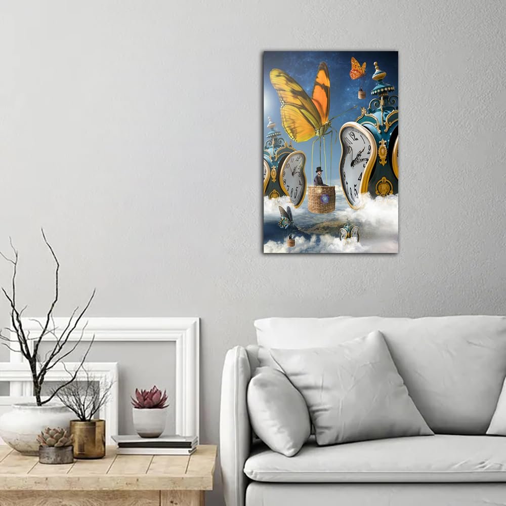 Salvador Dali Butterfly Clock Poster Wall Art Painting Print Canvas Poster Room Aesthetic Bedroom Decoration Painting (Framed, (12x18inch(30x45cm)