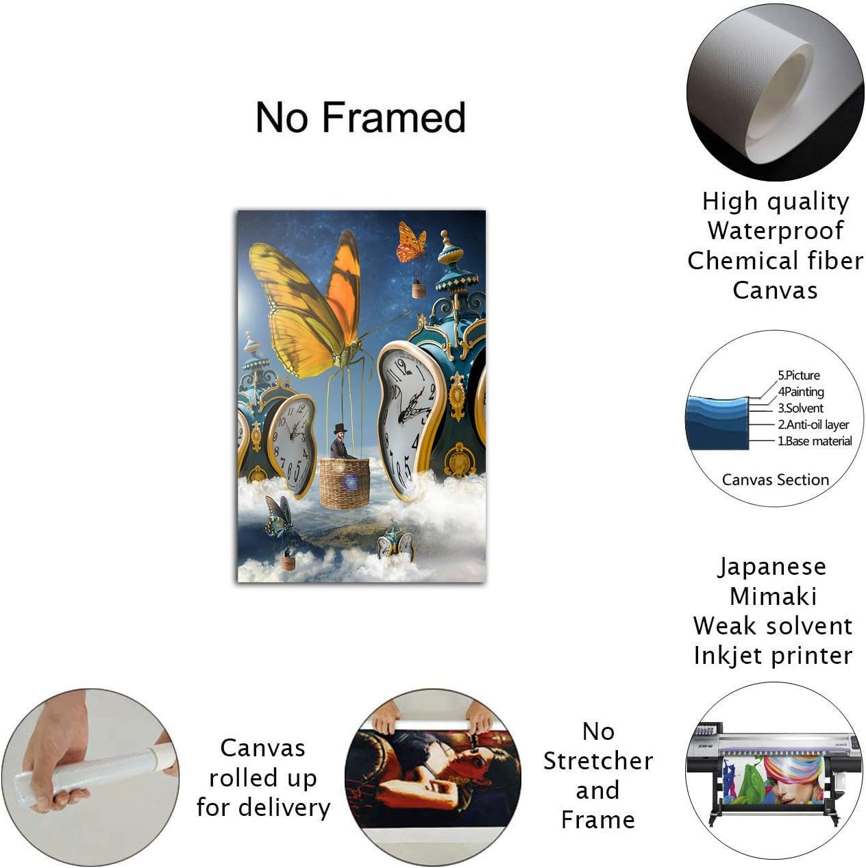 Salvador Dali Butterfly Clock Poster Wall Art Painting Print Canvas Poster Room Aesthetic Bedroom Decoration Painting (Framed, (12x18inch(30x45cm)