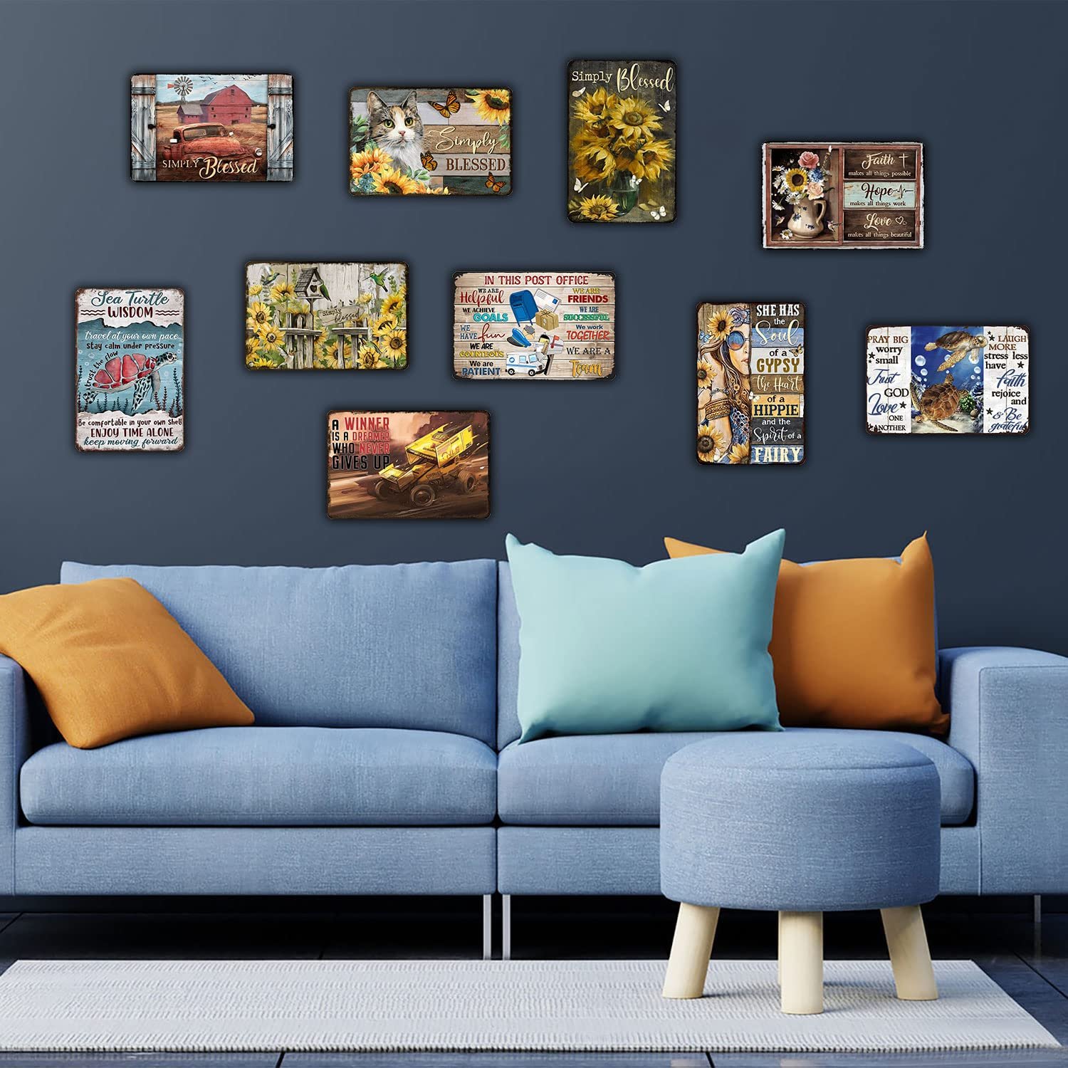 Aenaon Farmhouse Metal Tin Sign Vintage Home Kitchen Garage Bar Cave Wall Nostalgic Decor Rustic Truck Windmill and Sunflower Tin Sign 8x12 Inches