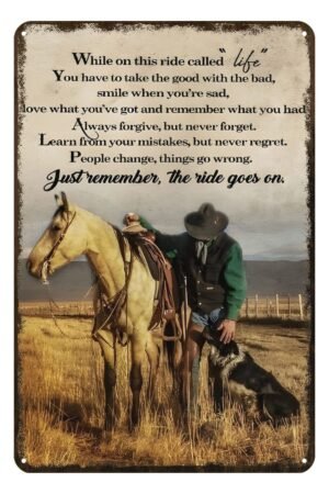 Aenaon Vintage Tin Signs While On This Ride Called Life Retro Cowboy Tin Sign Home Kitchen Bar Wall Decor Man Cave Decor Sign Western Decor 8x12 Inches