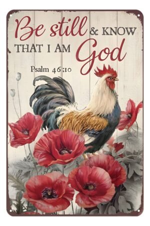Be Still and Know That I Am God Chicken Metal Tin Sign Vintage Sign Coffee and Bar Wall Art Decor Toilet Bathroom 8X12 Inch
