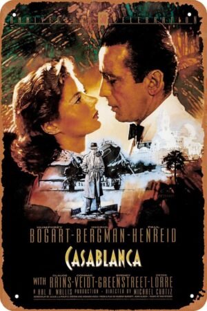 Casablanca (1942) Movie Poster Vintage Tin Sign for Cafe Bar Garage Home Wall Art Decor Gift Retro Metal Sign 12 X 8 inch
