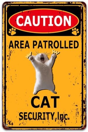 Caution Area Patrolled Cat Security Vintage Metal Sign Retro Art Tin Painting for Home Bar Pub Cafe Farm Room Plaque Posters 12 X 8 Inch