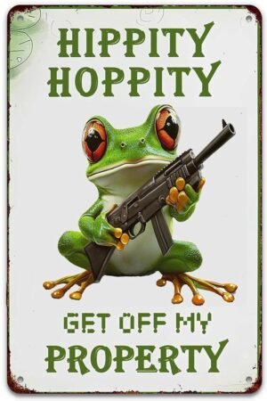 Cute Frog Tin Sign Hippity Hoppity Get Off My Property Vintage Metal Sign Retro Art Tin Painting for Home Bar Pub Cafe Farm Room Plaque Posters 12 X 8 Inch