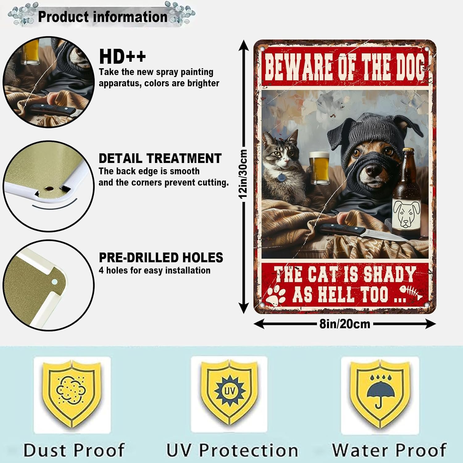 Dog Metal Tin Sign Beware Of The Dog The Cat Is Shady Too Cat Sign Retro Wall Art Decor Funny Signs Vintage Bar Pub Club Indoor Home Gifts 12 * 8in