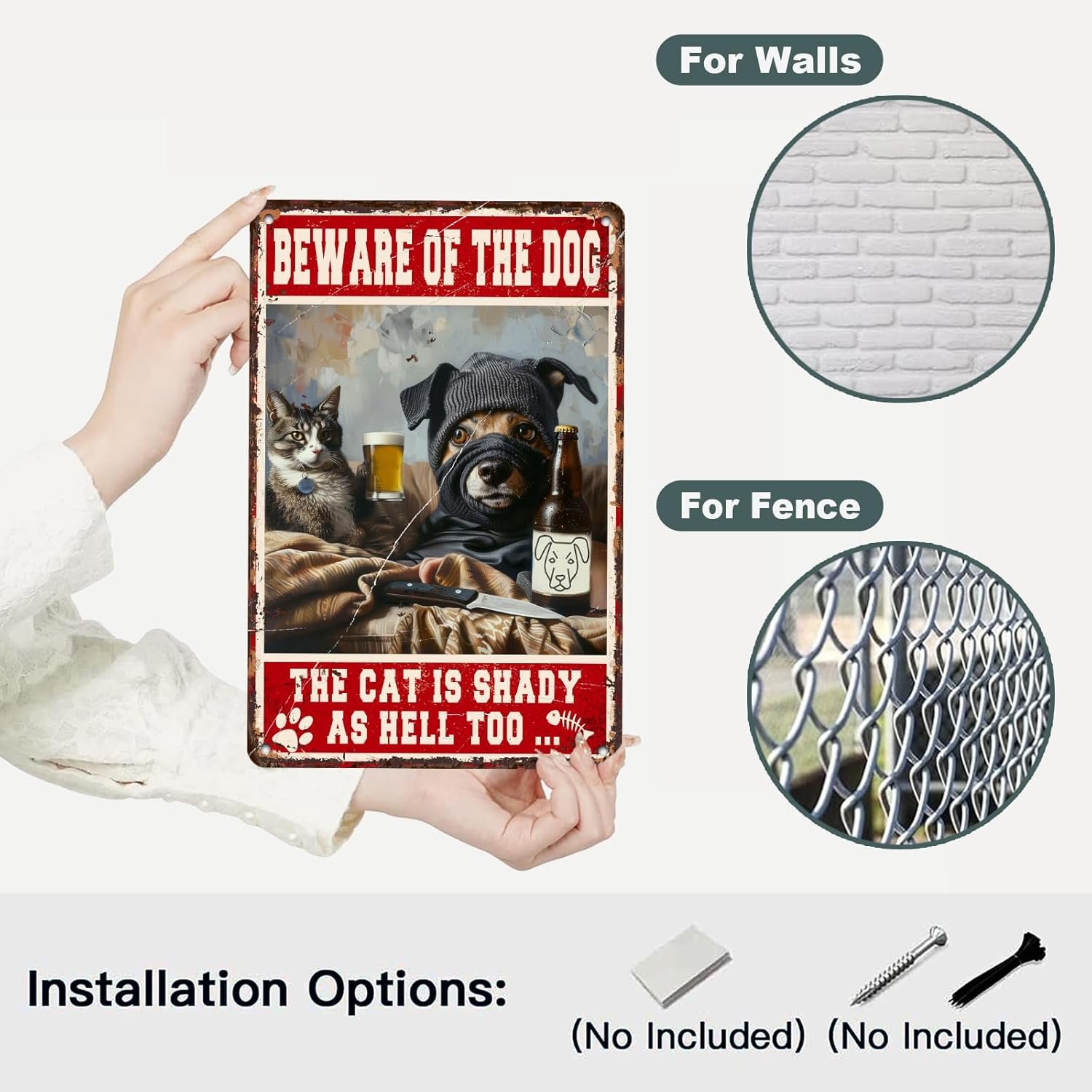 Dog Metal Tin Sign Beware Of The Dog The Cat Is Shady Too Cat Sign Retro Wall Art Decor Funny Signs Vintage Bar Pub Club Indoor Home Gifts 12 * 8in