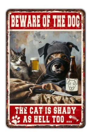Dog Metal Tin Sign Beware Of The Dog The Cat Is Shady Too Cat Sign Retro Wall Art Decor Funny Signs Vintage Bar Pub Club Indoor Home Gifts 12 * 8in