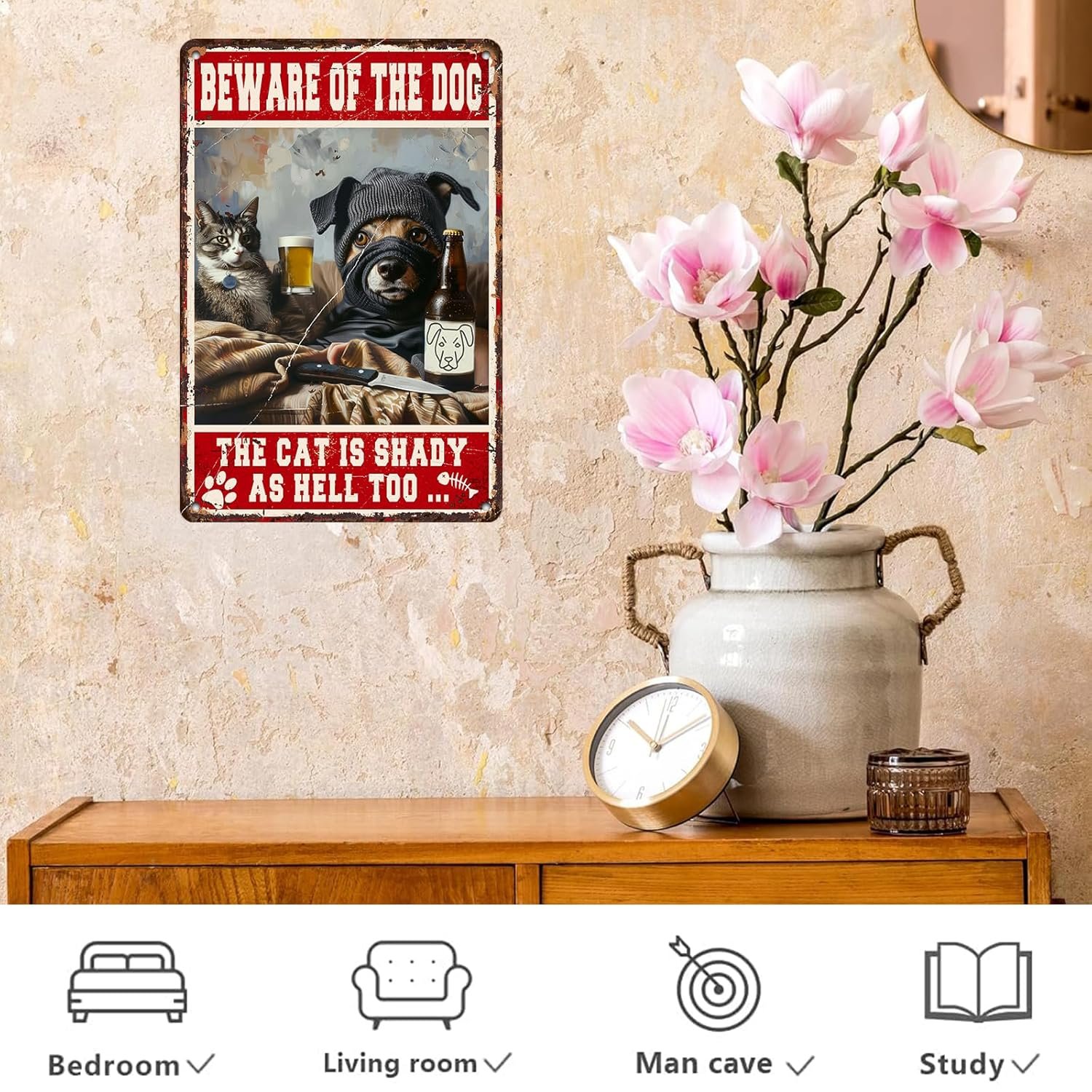 Dog Metal Tin Sign Beware Of The Dog The Cat Is Shady Too Cat Sign Retro Wall Art Decor Funny Signs Vintage Bar Pub Club Indoor Home Gifts 12 * 8in
