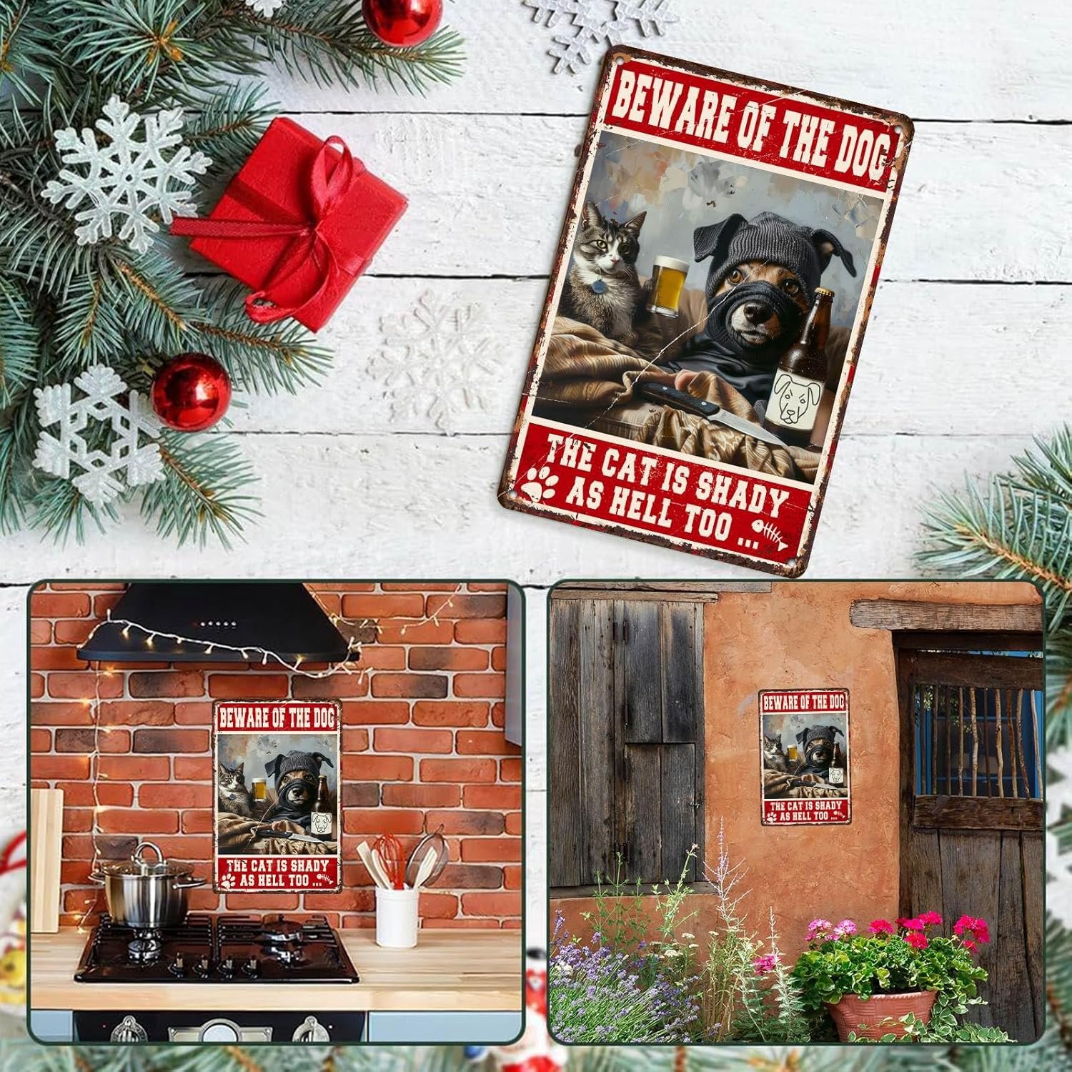 Dog Metal Tin Sign Beware Of The Dog The Cat Is Shady Too Cat Sign Retro Wall Art Decor Funny Signs Vintage Bar Pub Club Indoor Home Gifts 12 * 8in