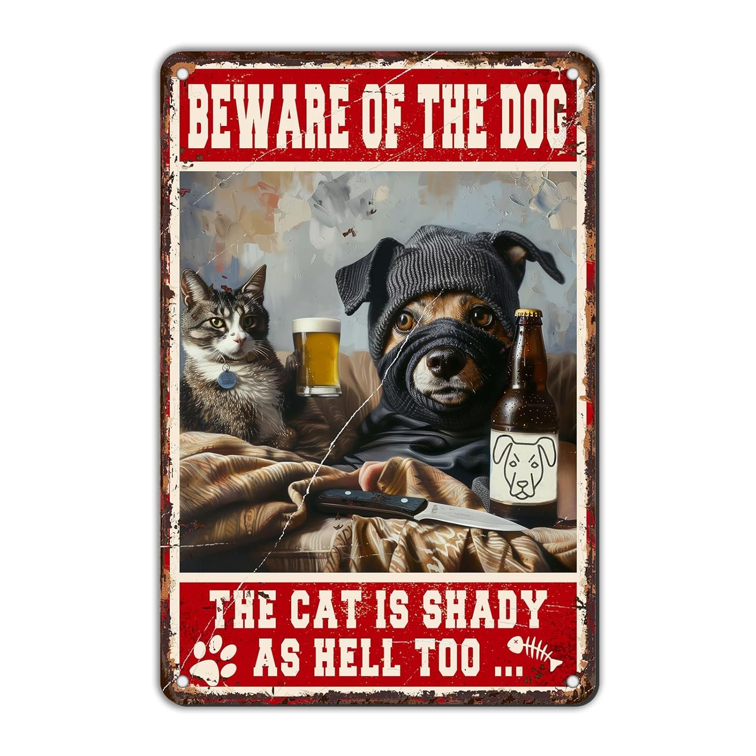 Dog Metal Tin Sign Beware Of The Dog The Cat Is Shady Too Cat Sign Retro Wall Art Decor Funny Signs Vintage Bar Pub Club Indoor Home Gifts 12 * 8in