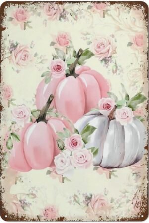 Funny Metal Tin Sign Pink Pumpkin Autumn Halloween Fall Decor Vintage Wall Art for Home, Bar, Pub, Cafe, Farm Room 12x8 inch