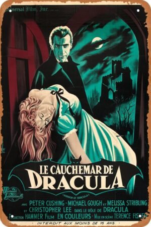 GYMBED Vintage Movie Tin Sign,Horror of Dracula 1958 Poster Vintage Metal Sign Retro Wall Decor 12x8 Inches