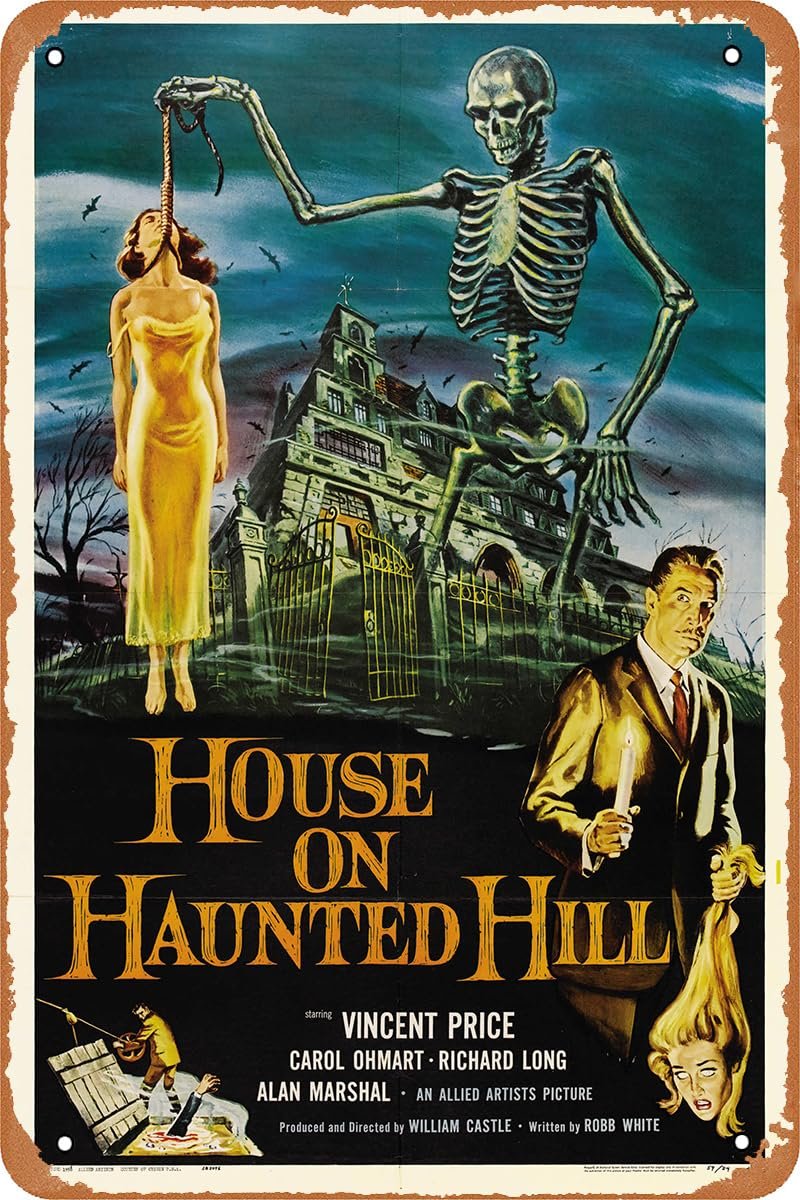 GYMBED Vintage Movie Tin Sign,House on Haunted Hill 1959 Poster Vintage Metal Sign Retro Wall Decor 12x8 Inches