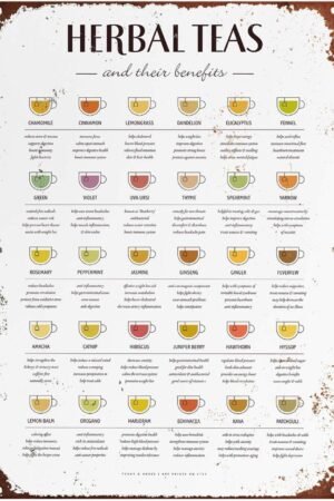 Herbal Teas And Their Benefits Metal Tin Sign Herbal Tea Knowledge Poster School Education Vintage Print Plaque for Club Home Kitchen Home Wall Decoration 8x12 Inches