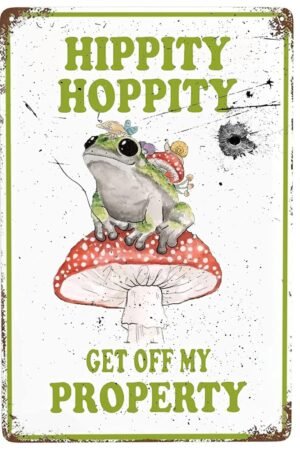 Hippity Hoppity Get Off My Property Frog Room Sign - Funny Bedroom Door Decor - Retro Mushroom Wall Decorations - Vintage Metal Tin No Trespassing Warning Sign 8 X 12 In