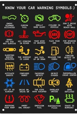 Know Your Car Warning Lights Mechanics Funny Sarcastic Sign Metal Tin Signs, Poster Home Office Restaurants Bedroom Outdoors Man Cave Wall Decor Plaque 6x8 Inch