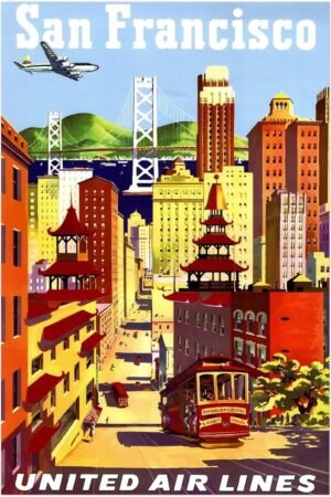 Lost Island Trading Company San Francisco - United Airlines - Airline Vintage Travel Poster, Retro Posters-8 x 12 Inches (US/CAN only)