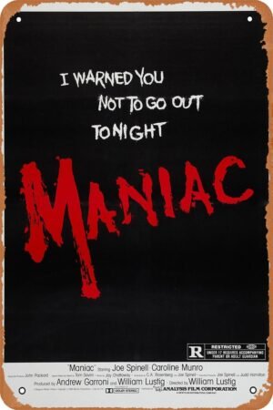 Maniac 1980 Horror Movie Poster Tin Sign Vintage Metal Sign Retro Wall Decor 12x8 Inches