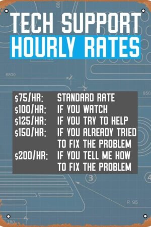 Metal Sign - Typography Tech Support Hourly Rates - Vintage Look Tin Sign,Bar, Man CAVE Art Wall Decoration 8"X12"