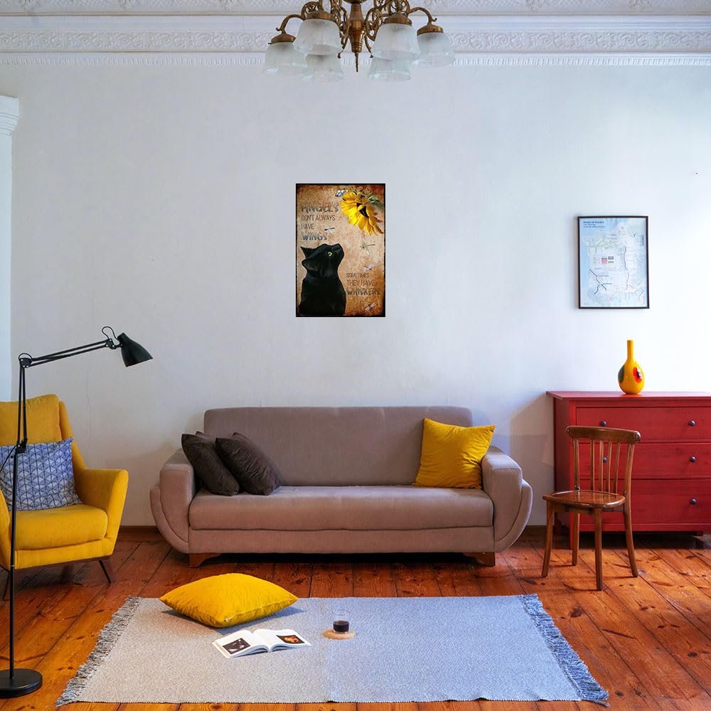 Metal Tin Sign Angels Don't Always Have Wings Sometimes They Have Whiskers Vintage Floral Black Cat Lovers Gift Vintage Plaque Man Cave Bar Pub Club Home Wall Decoration 12x8 Inch