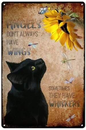 Metal Tin Sign Angels Don't Always Have Wings Sometimes They Have Whiskers Vintage Floral Black Cat Lovers Gift Vintage Plaque Man Cave Bar Pub Club Home Wall Decoration 12x8 Inch