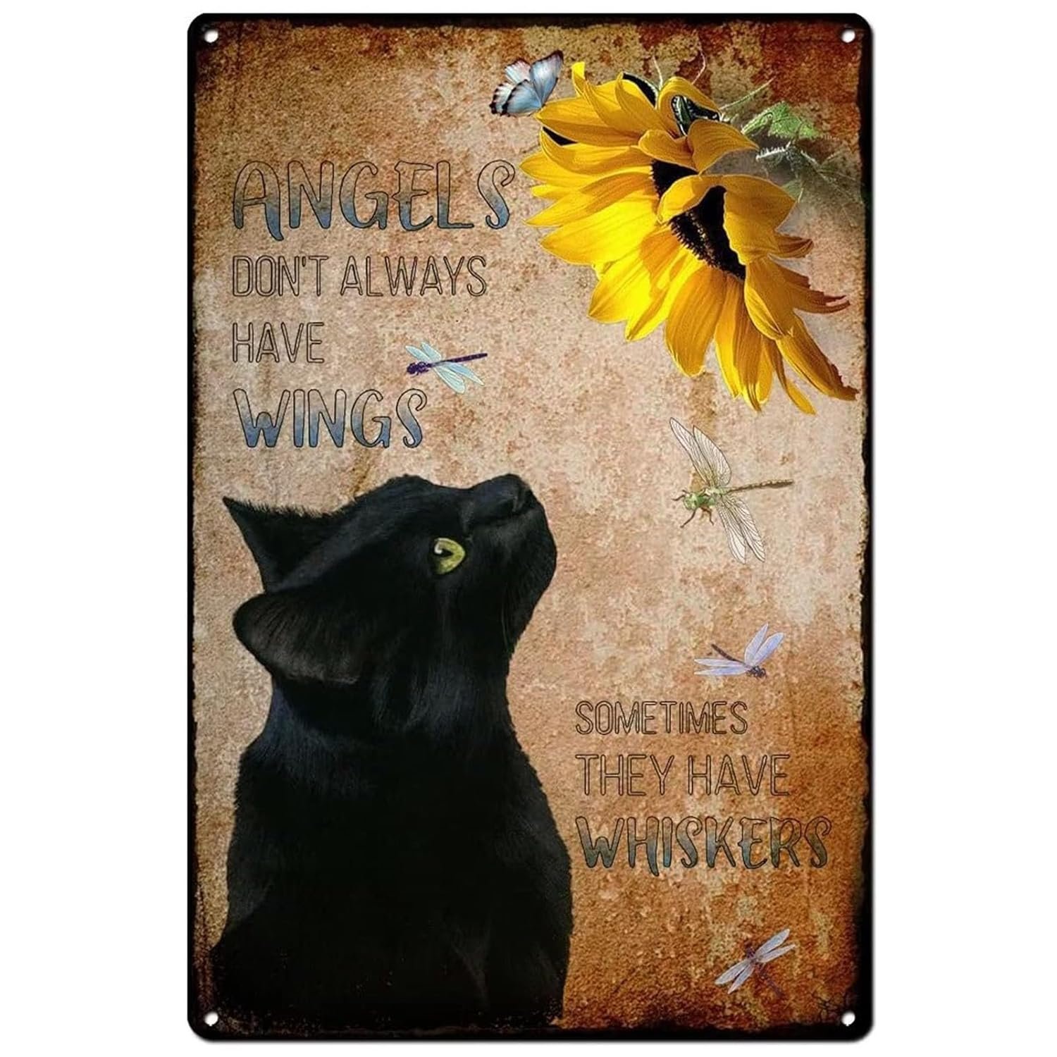 Metal Tin Sign Angels Don't Always Have Wings Sometimes They Have Whiskers Vintage Floral Black Cat Lovers Gift Vintage Plaque Man Cave Bar Pub Club Home Wall Decoration 12x8 Inch