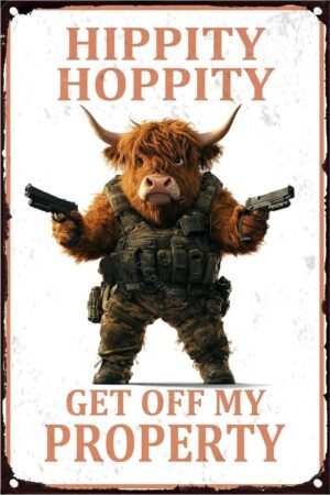 Metal Tin Sign Hippity Hoppity Get Off My Property Cow Vintage Metal Sign For Home Outdoor Indoor Office Bar Yard Decor 8x12 Inch