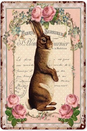 Metal Vintage Tin Sign Decor Standing Easter French Rabbit Vintage Tin Sign for Office/Home/Classroom Decor Gifts - Best Birthday/Thanksgiving 12x8 Inch Wall Art Sign Wall Decor