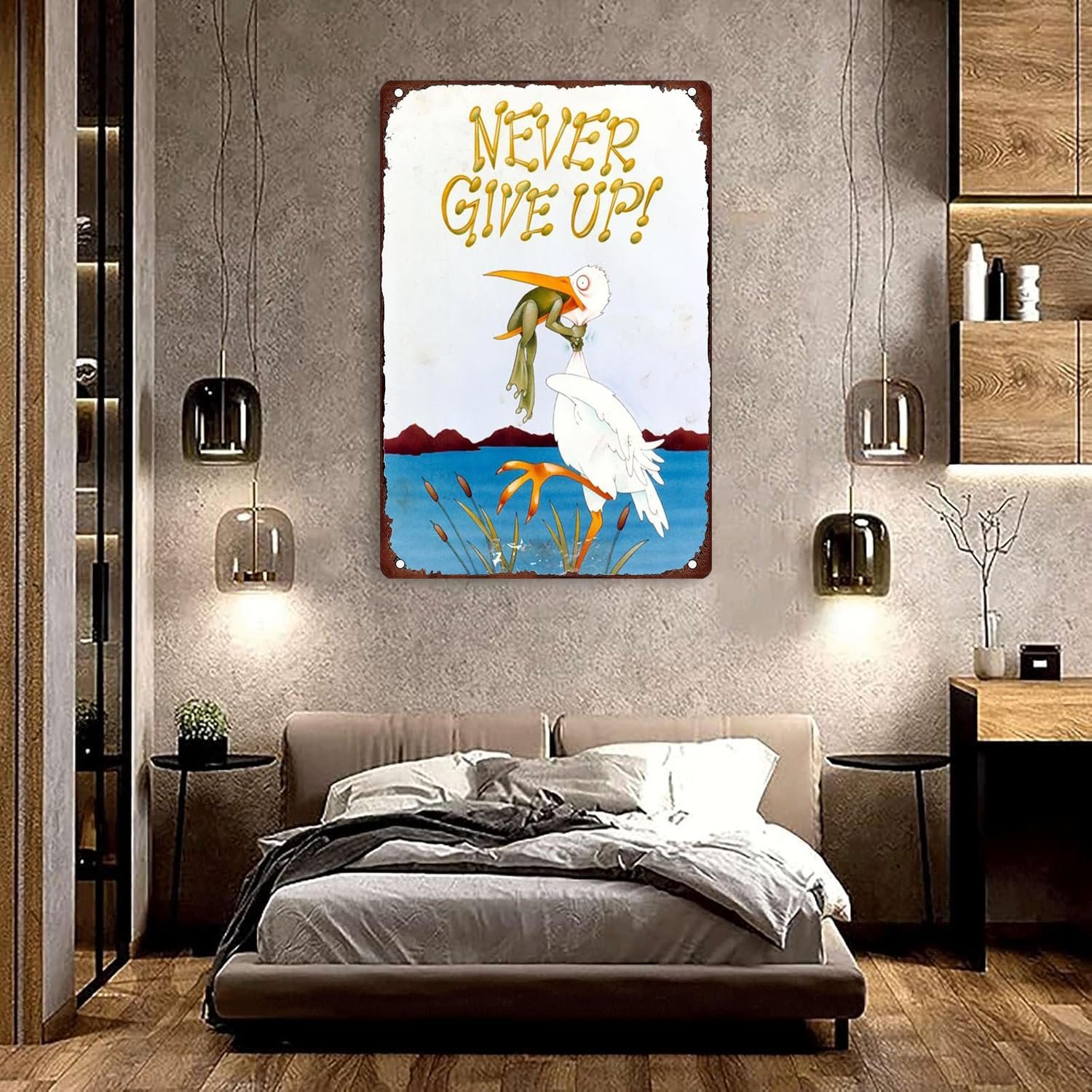 Never Give Up frog Art Wall Art decoration Nostalgic Tin Sign Retro Tin Wall Metal Siding Bar Family Poster Sign 12x8 inches