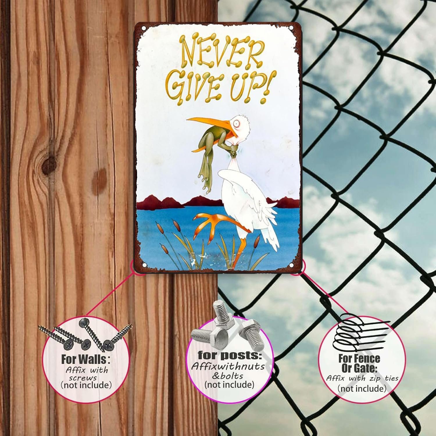 Never Give Up frog Art Wall Art decoration Nostalgic Tin Sign Retro Tin Wall Metal Siding Bar Family Poster Sign 12x8 inches