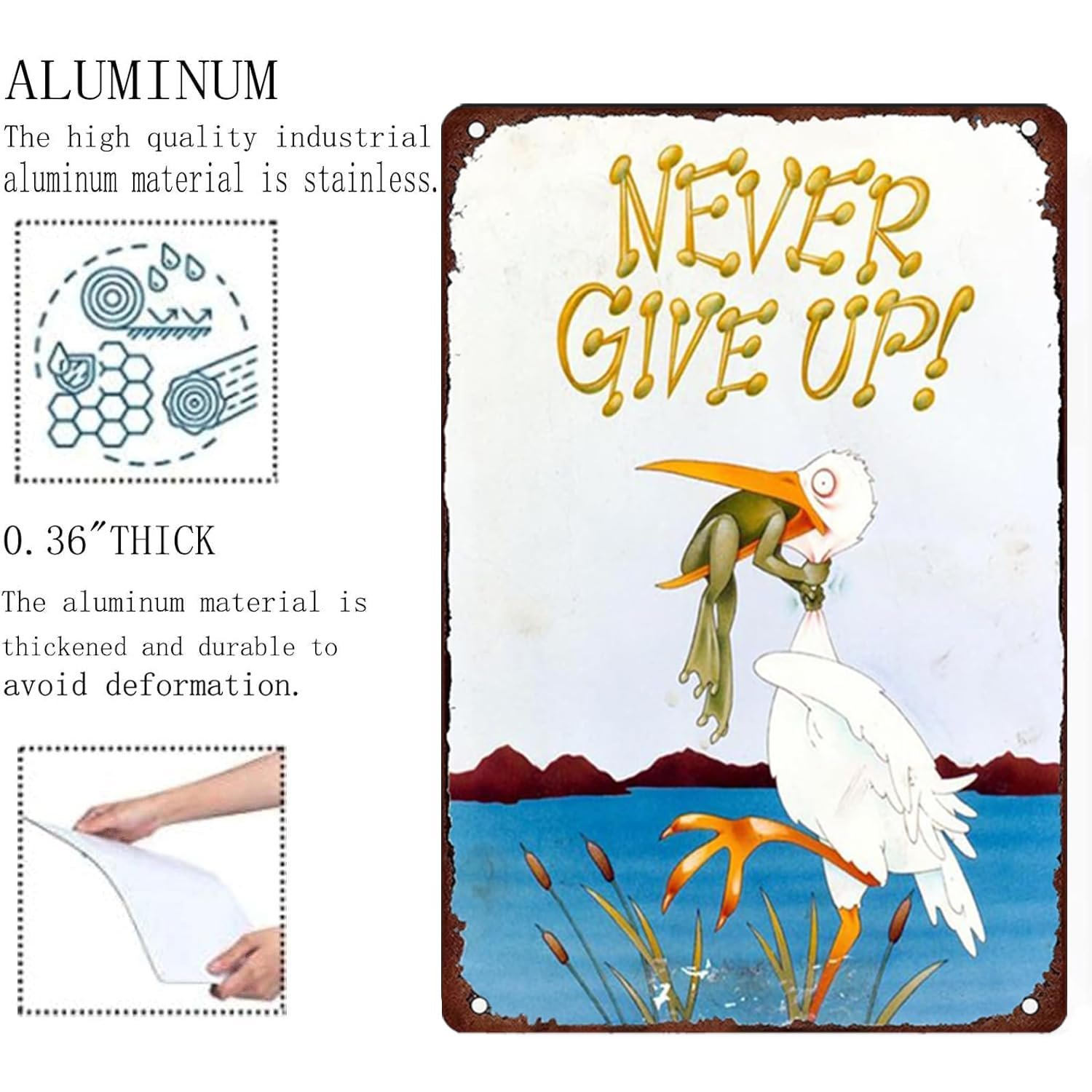 Never Give Up frog Art Wall Art decoration Nostalgic Tin Sign Retro Tin Wall Metal Siding Bar Family Poster Sign 12x8 inches