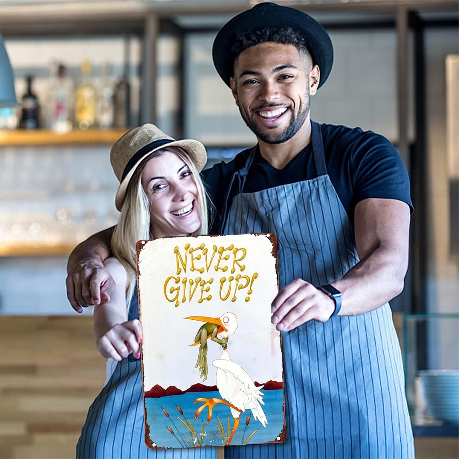 Never Give Up frog Art Wall Art decoration Nostalgic Tin Sign Retro Tin Wall Metal Siding Bar Family Poster Sign 12x8 inches