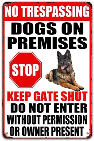 No Trespassing Metal Signs Dogs On Premises Stop Keep Gate Shut Vintage Metal Sign Retro Art Tin Painting for Home Bar Pub Cafe Farm Room Plaque Posters 12 X 8 Inch