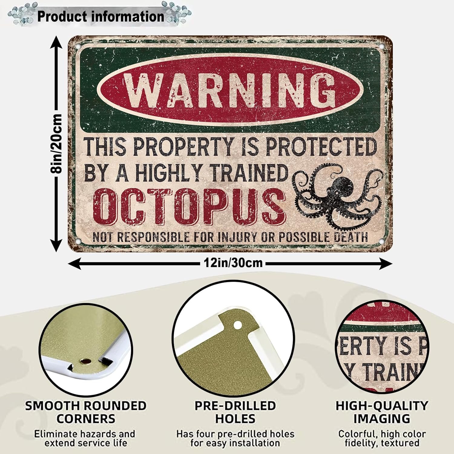 Octopus Metal Tin Sign Warning This Property Is Protected By A Highly Trained Octopus Vintage Sign Funny Tin Signs 12 * 8in