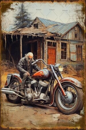 Old Man Old Motorcycle And Old House Tin Metal Signs Original Retro Design Wall Art Print Poster Thick Tinplate Wall Decoration for Garage Bedroom Cafe Bathroom 8x12 Inch