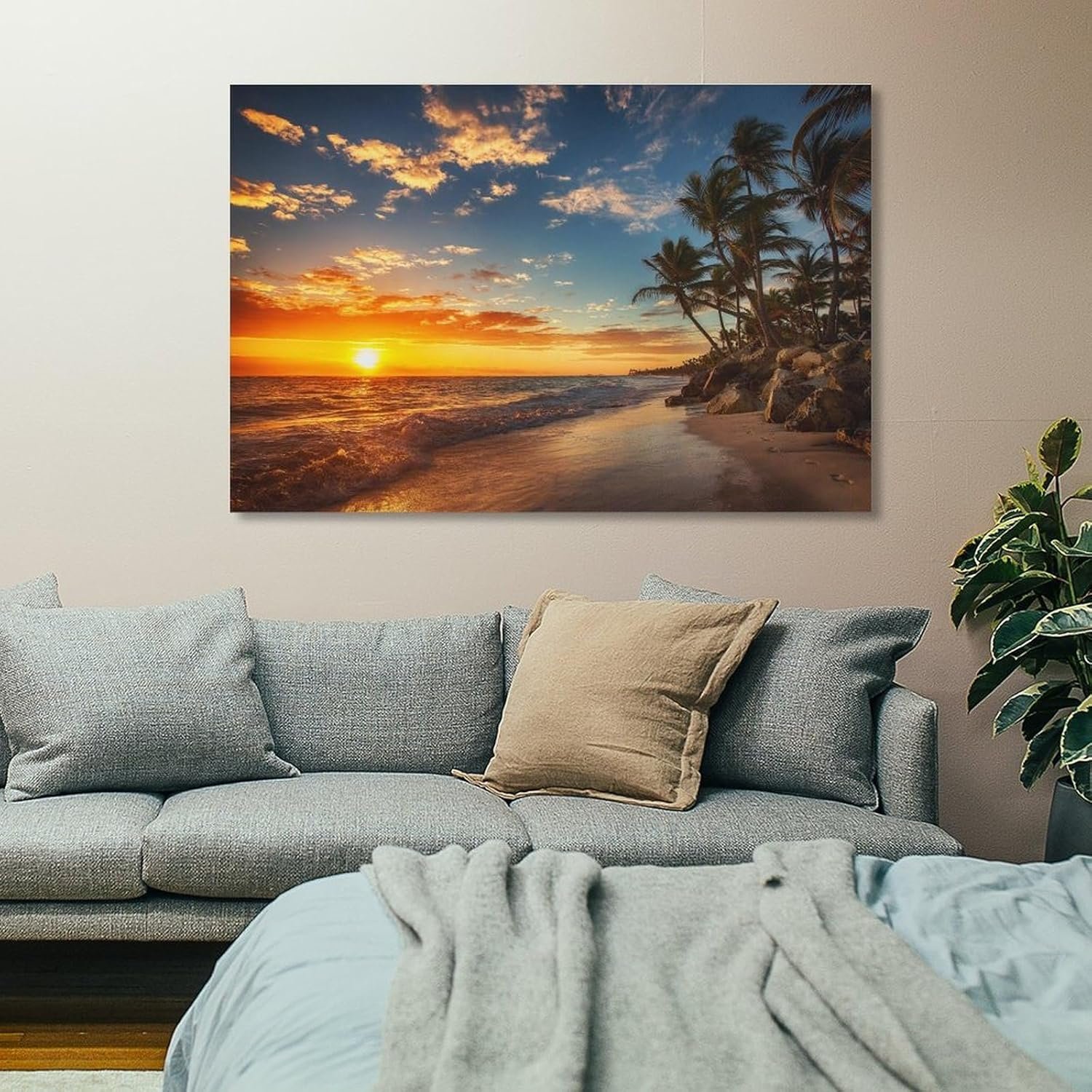 Paintings for Wall Decorations Living Room Mural Poster Beautiful Beach Waves Hitting The Shore Scenery Sunrise Palm Home Wall Decoration Canvas Art Poster And Wall Art Picture...