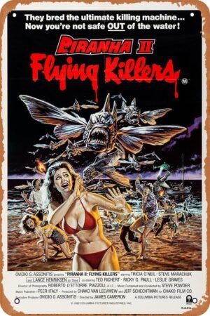Piranha II The Spawning Horror Movie Poster Metal Tin Sign Vintage Style Wall Plaque Decor 8x12 inch