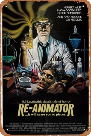 Re-Animator 1985 Horror Movie Poster Tin Sign Vintage Metal Sign Retro Wall Decor 12x8 Inches