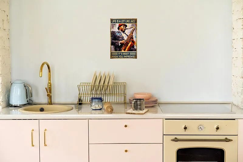 Retro Metal Tin Life is a Lot Like Jazz Best When You Impvovise Jazz Posters Saxophone Vintage Home Garage Man Cave Bar Pub Wall Decor 12x8 Inch