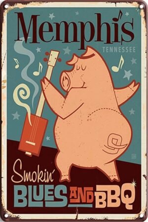 Retro Tin Sign Funny Memphis Smokin Blues and BBQ Vintage Metal Tin Sign Wall Decor Poster Retro Aluminum Sign for Home Family Courtyard Coffee Bar Wall Decor Art 12x8 Inch