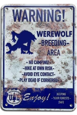 Retro Werewolf Breeding Area Tin Sign Werewolf Warning Plaque Wall Decor Gift For Garden Men Cave Garage Farm Cafe Library Living Room School Vintage Metal Poster 8x12 Inch