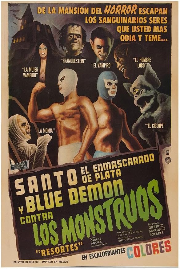 Santo and The Blue Demon vs The Monsters - Lucha Mexican Wrestling Horror Movie Poster-11 x 17 Inches