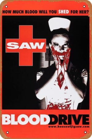 Saw Blood Drive Horror Movie Poster Tin Sign Vintage Metal Sign Retro Wall Decor 12x8 Inches