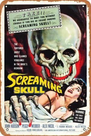 Screaming Skull Horror Movie Poster Tin Sign Vintage Metal Sign Retro Wall Decor 12x8 Inches