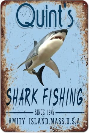 Shark Tin Sign Wall Decor Quint's Shark Fishing Retro Metal Sign for Home Kitchen Bathroom Beach Garage Wall Decor Art Gifts 8X12 Inches