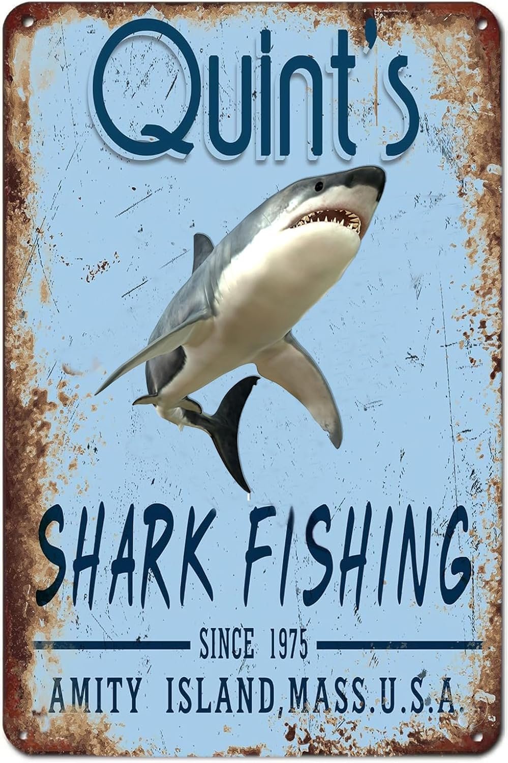 Shark Tin Sign Wall Decor Quint's Shark Fishing Retro Metal Sign for Home Kitchen Bathroom Beach Garage Wall Decor Art Gifts 8X12 Inches